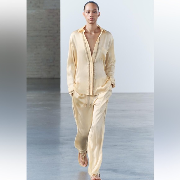 ZARA CO-ORD SATIN EFFECT EMBROIDERED SHIRT & PANTS SET - PASTEL YELLOW - Picture 2 of 8